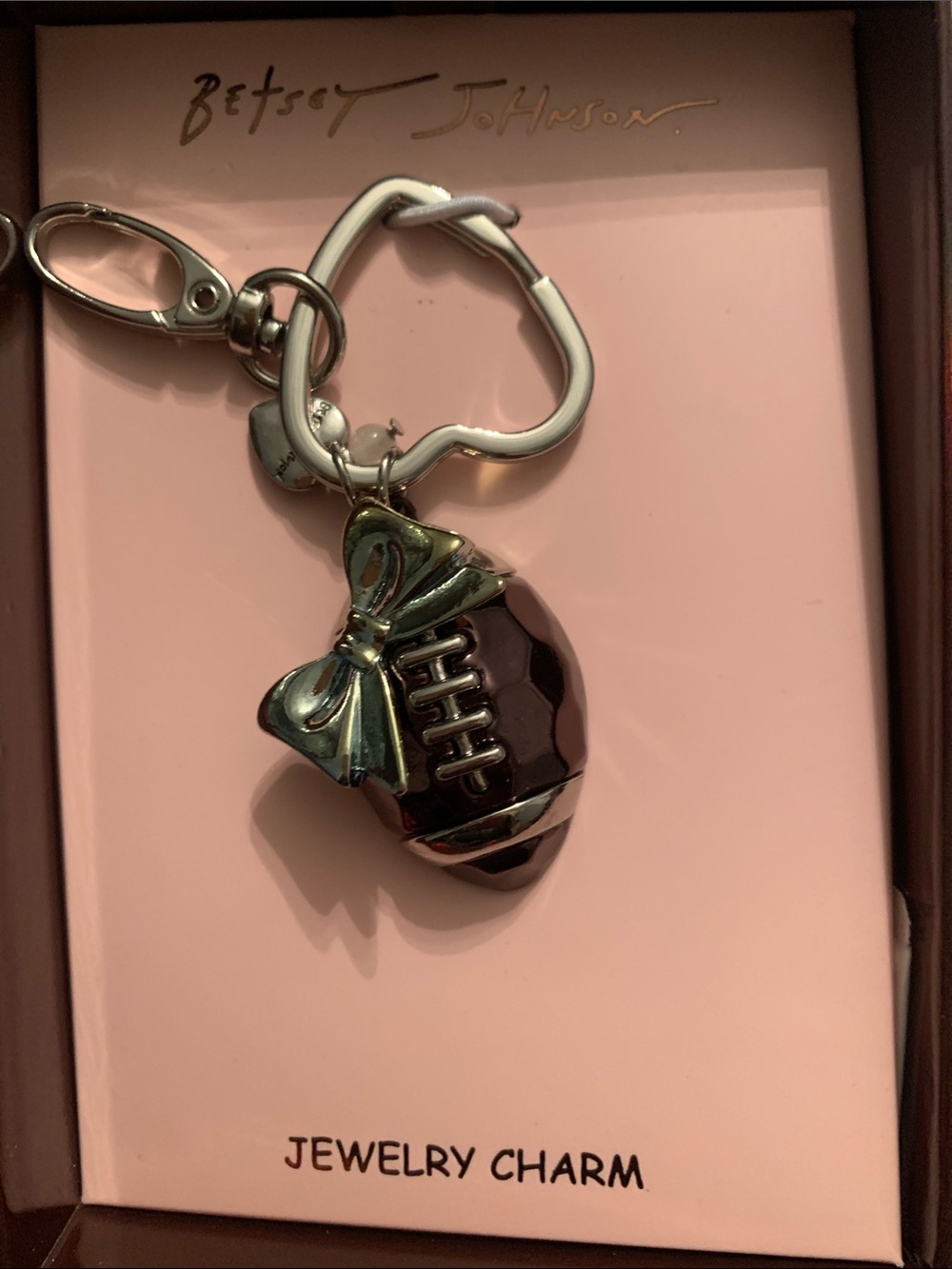 🆕- Betsey Johnson Iridescent Purple Football Bag Charm Or Keychain with Bow